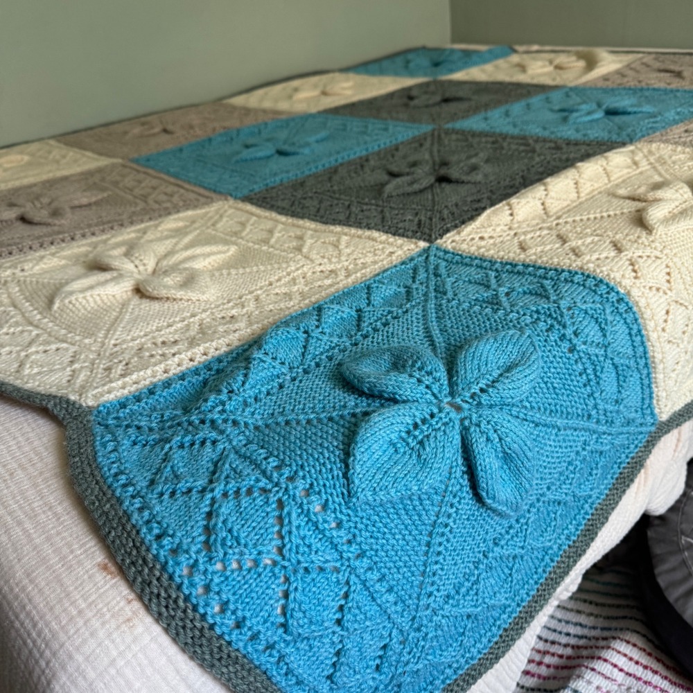 Handmade Knit Throw Blanket 66x66 Blue Grey Cream 3D Floral Granny Square SOFT! - Picture 5 of 13